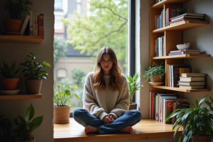 Jeune femme assise dans une alcove de livres chaleureuse