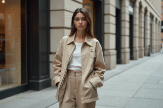 Jeune femme en streetwear minimaliste dans une ville chic