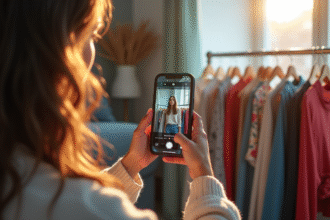 Jeune femme à la maison photographiant des vêtements tendance pour Vinted