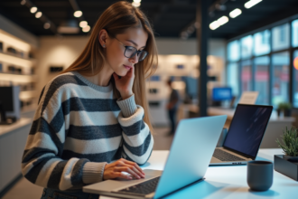Jeune femme comparant deux laptops en magasin