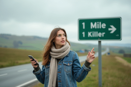 Jeune femme regardant un panneau de distance à la campagne
