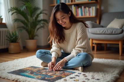 Jeune femme concentrée en assemblant un puzzle dans un salon cosy