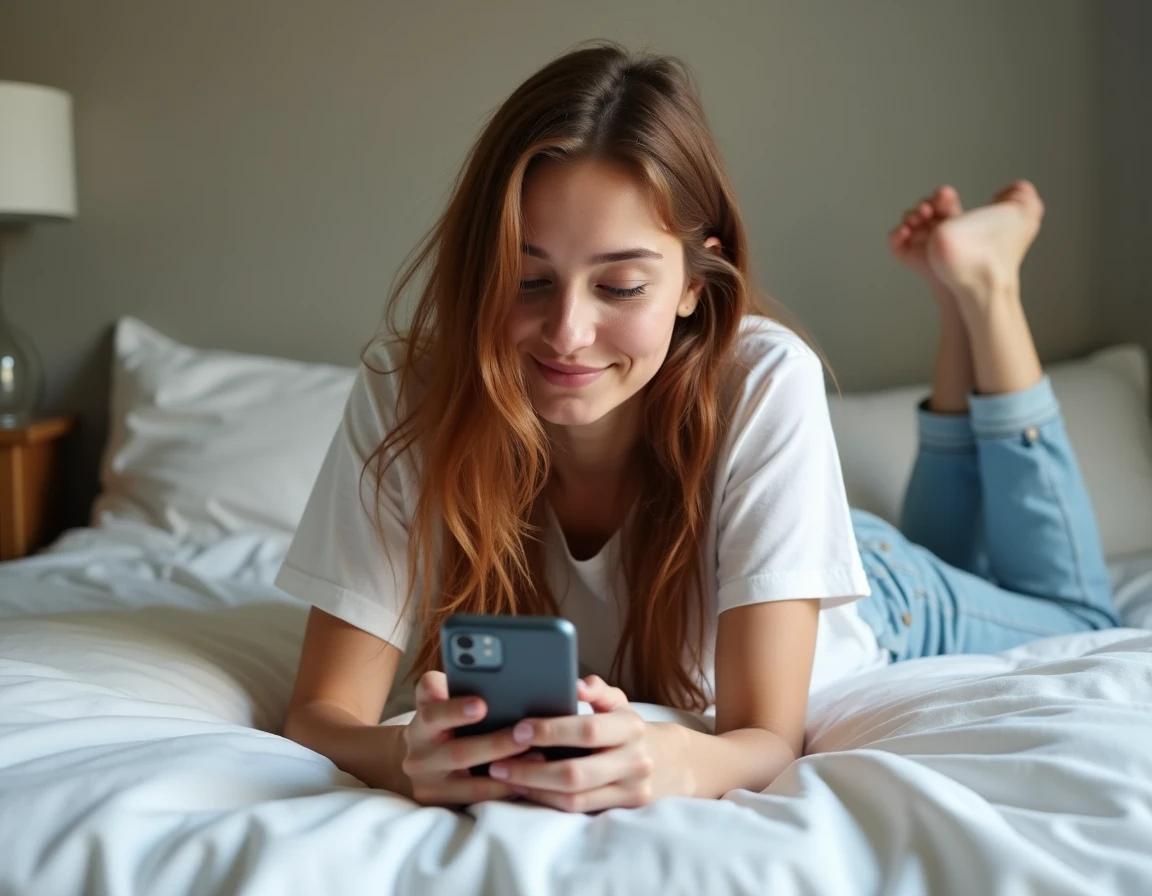 Jeune femme regardant un film du jour sur son smartphone allongée sur son lit