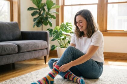 Jeune femme souriante en chaussettes personnalisées dans un salon moderne
