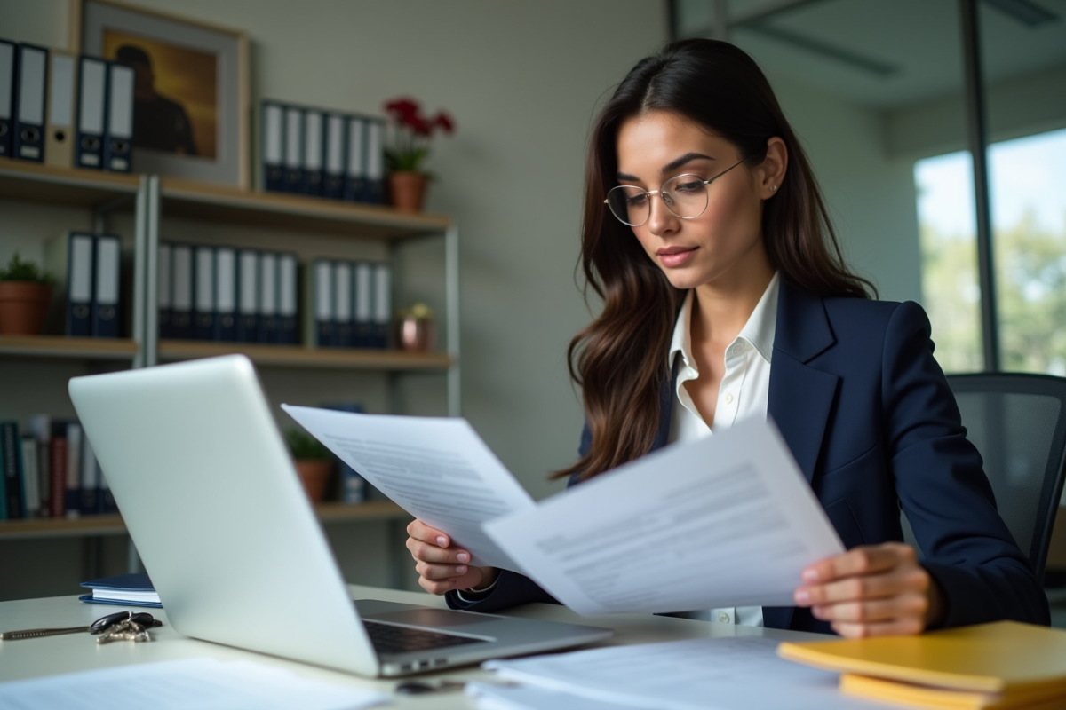 Jeune femme vérifiant ses formulaires fiscaux au bureau