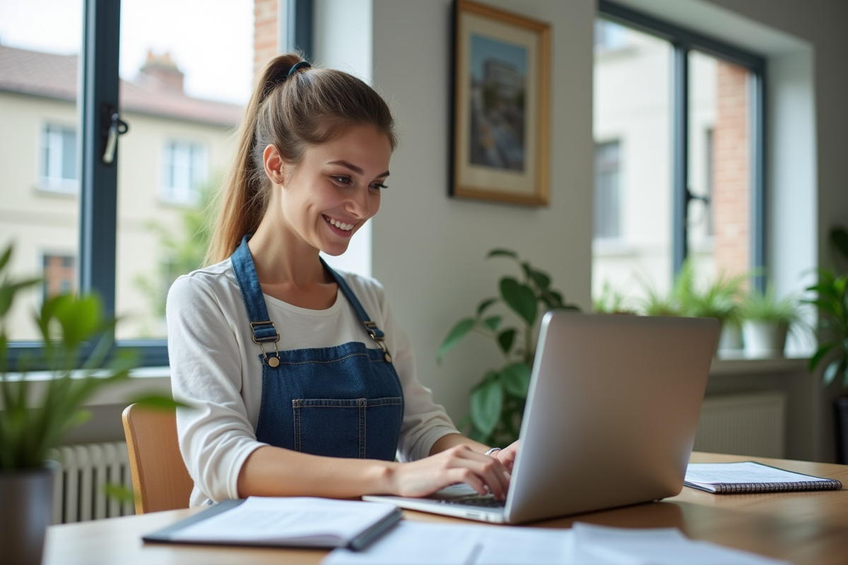 Jeune femme artisan souriante travaillant sur son ordinateur