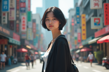 Jeune femme confiante dans une ville asiatique dynamique