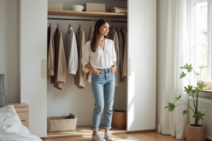 Jeune femme dans un appartement moderne devant une garde-robe minimaliste