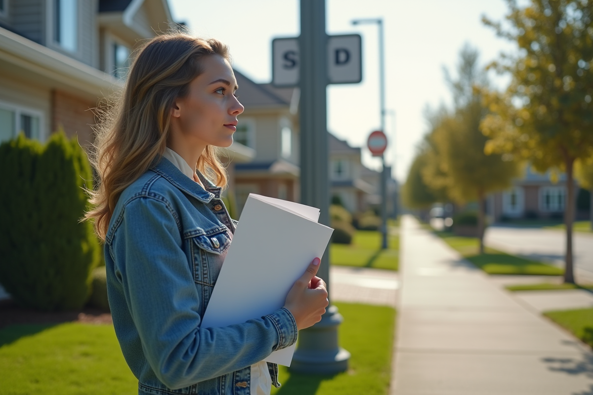 Jeune femme regardant un panneau de zonage résidentiel
