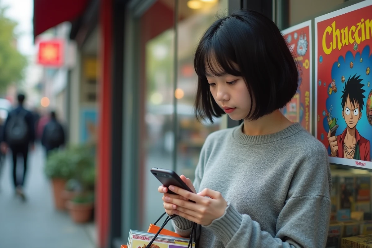 Adolescente dans une boutique de manga vérifiant son smartphone