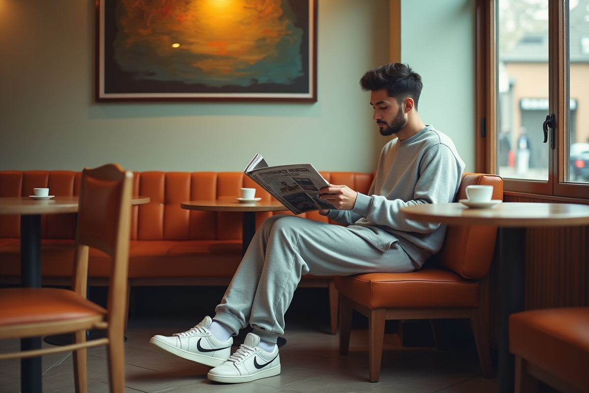 Homme jeune détendu lisant dans un café moderne