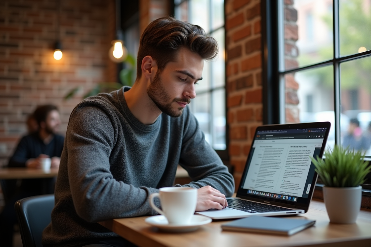 Jeune homme travaillant sur son ordinateur dans un café