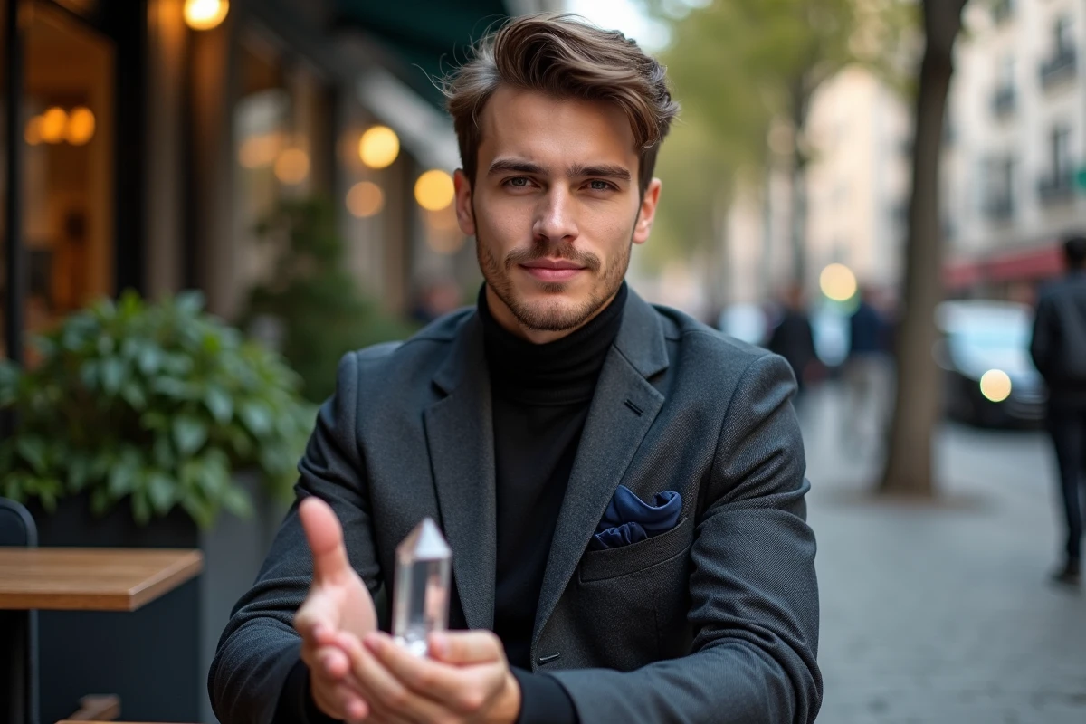 Jeune homme avec pendule dans un café urbain