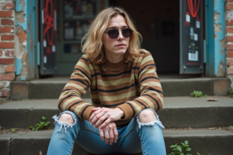 Jeune homme blond en grunge assis sur des marches