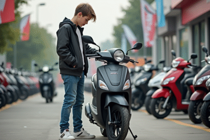 Jeune garçon inspectant une moto 50cc à l'extérieur