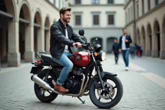 Jeune homme en moto urbaine en ville