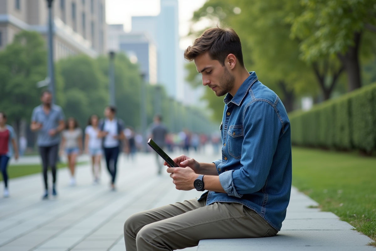 Jeune homme sur un banc dans un parc urbain