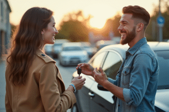 Jeune homme souriant remettant les clés à une femme devant une voiture moderne
