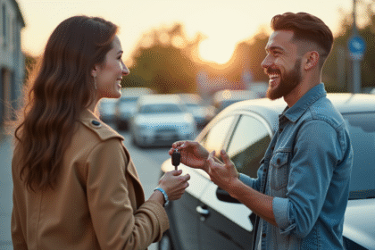 Jeune homme souriant remettant les clés à une femme devant une voiture moderne