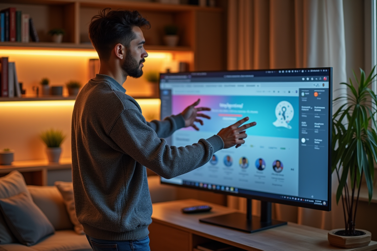 Jeune homme dans un salon regardant un grand écran d