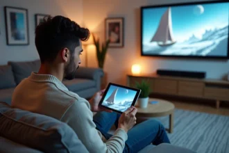 Jeune homme utilisant une tablette pour régler une projection dans un salon