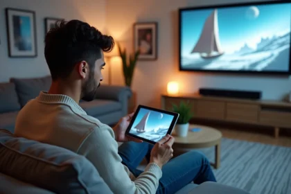 Jeune homme utilisant une tablette pour régler une projection dans un salon