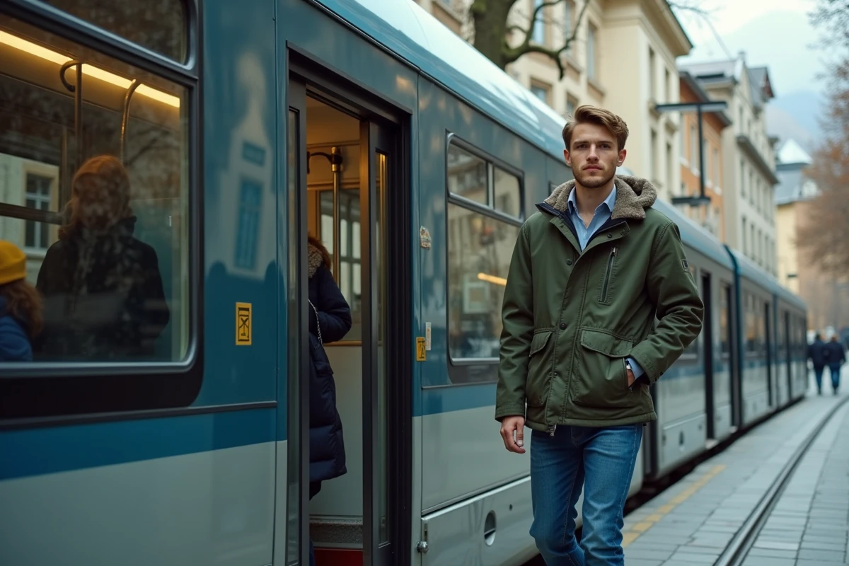 Jeune homme montant dans un tram à Grenoble