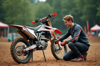 Jeune homme inspectant la chaîne d'une moto 125cc en extérieur