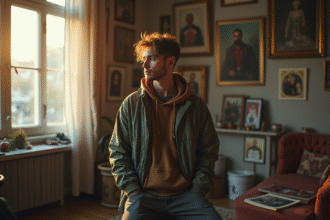 Jeune rappeur russe dans un appartement moderne avec photos vintage