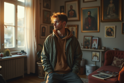 Jeune rappeur russe dans un appartement moderne avec photos vintage