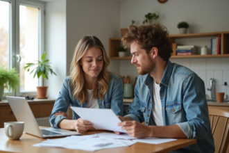 Deux jeunes adultes dans une cuisine moderne en train de revoir des documents