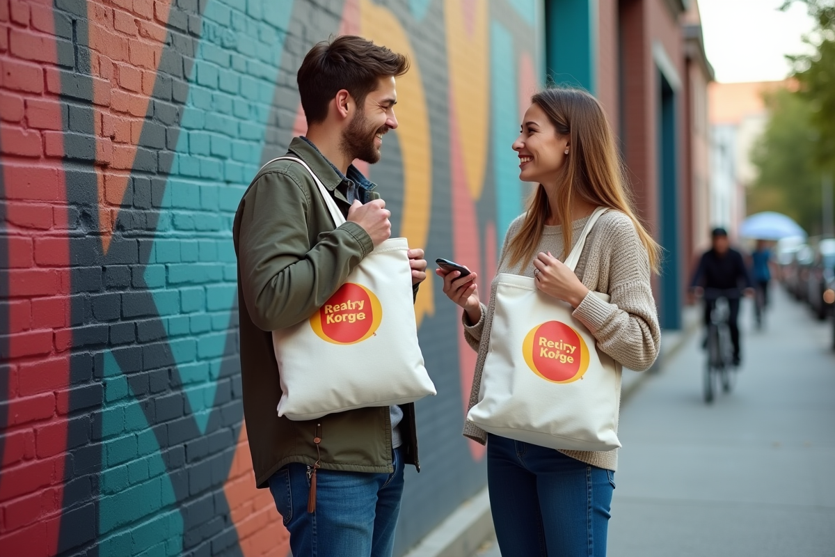 Un jeune homme et une femme rient avec des sacs promotionnels en ville