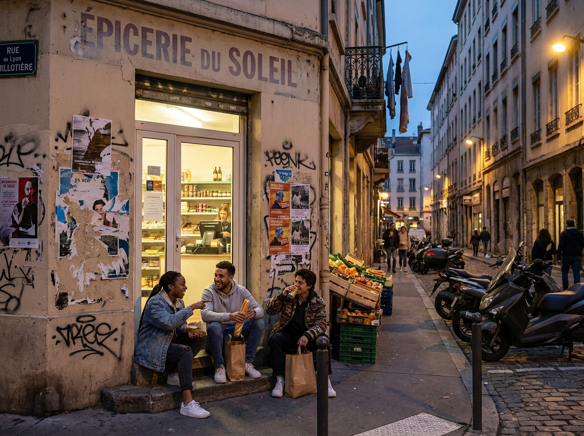 Groupe de jeunes adultes de diverses origines se retrouvant dans une rue de la Guillotière à Lyon au crépuscule, ambiance de quartier vivant