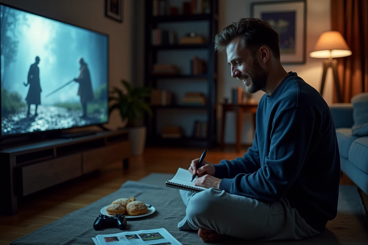 Joueur prenant des notes devant un écran de jeu vidéo fantasy pour déchiffrer un mécanisme de déverrouillage secret