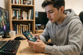 Joueur consultant une carte de portails DOFUS sur son smartphone depuis son bureau gaming à domicile