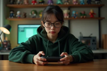 Joueuse concentrée tenant une console portable pour explorer un contenu caché dans un jeu vidéo indie