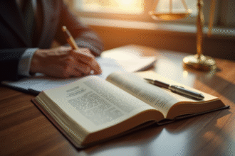 Main de juge tenant un livre de droit français sur un bureau ensoleille