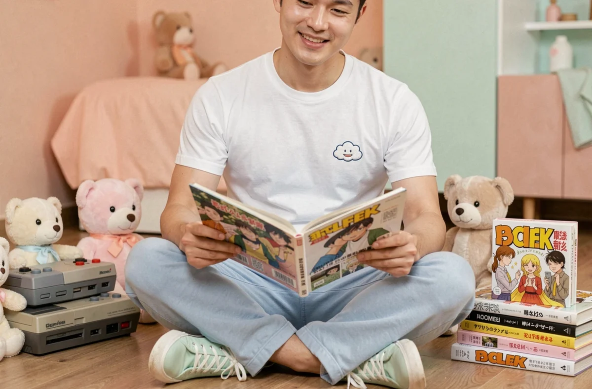 Homme adulte en style kawaii assis sur un sol de chambre cosy entouré de peluches et mangas, portant un t-shirt brodé et un jogger bleu ciel
