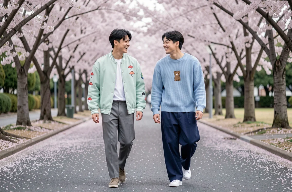 Deux jeunes hommes en tenues kawaii masculines coordonnées se promenant dans un parc japonais sous des cerisiers en fleurs, portant veste varsity verte et pull bleu bébé