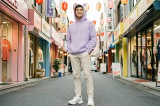 Jeune homme en style kawaii masculin portant un hoodie lavande pastel avec détails oreilles d'ours, pantalon crème et sneakers blancs dans un quartier streetwear coloré