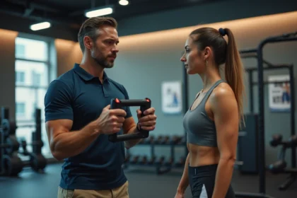 Kinésithérapeute sportif montrant un dynamometre à une athlète