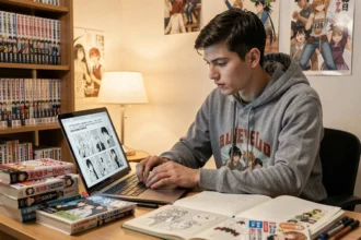 Jeune homme lisant des scans de manga en français sur un ordinateur portable entouré de volumes manga sur son bureau