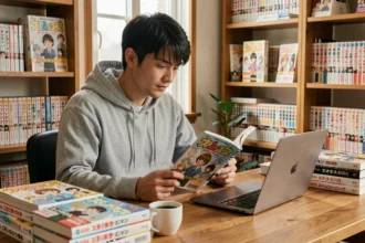 Jeune homme lisant un manga physique à son bureau avec un ordinateur portable ouvert, entouré de collections de mangas