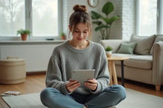 Jeune femme lisant des mangas sur tablette sans publicité dans un salon minimaliste