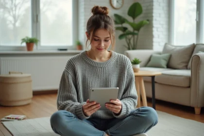 Jeune femme lisant des mangas sur tablette sans publicité dans un salon minimaliste