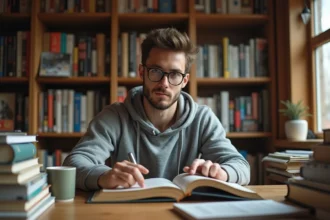 Jeune homme lisant un manhwa coréen à son bureau entouré de volumes de bande dessinée
