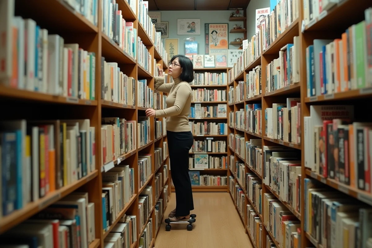 Librairie japonaise spécialisée manga avec des rayonnages du sol au plafond et une bibliothécaire sur une échelle