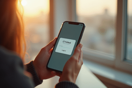 Main tenant un smartphone affichant la déconnexion Vinted près d'une fenêtre
