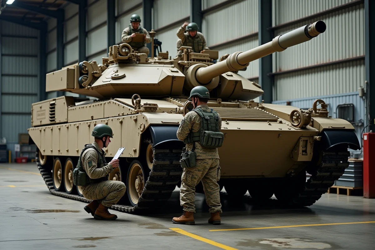 Soldats de l'armée américaine effectuant la maintenance d'un char Abrams M1A1 dans un dépôt militaire industriel