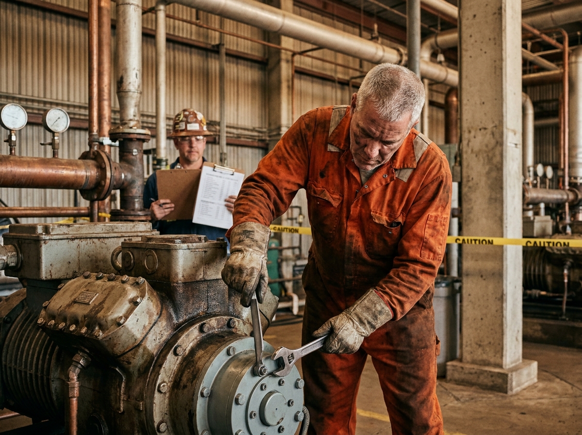 Technicien expérimenté effectuant la maintenance d'une turbine industrielle dans une installation pétrochimique sans arrêt de production